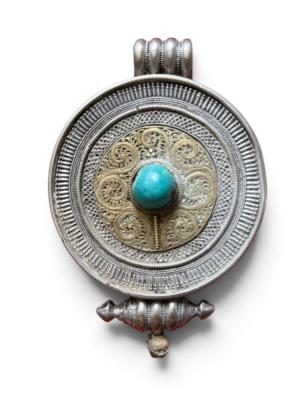 Large Antique Tibetan Circular Silver Ghau Pendant with Turquoise Cabochon