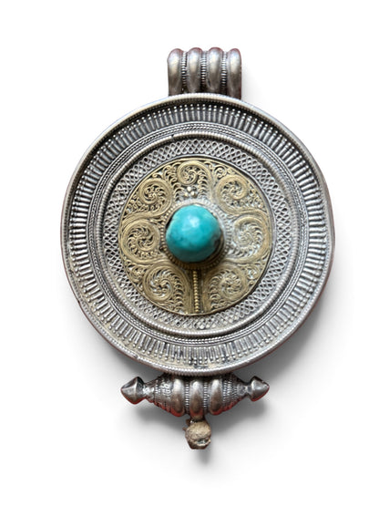 Large Antique Tibetan Circular Silver Ghau Pendant with Turquoise Cabochon