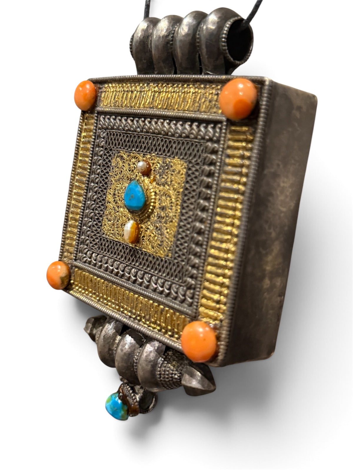 Large Antique Tibetan Silver Ghau Pendant with Turquoise and Coral Stones