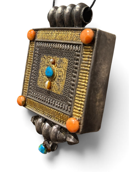 Large Antique Tibetan Silver Ghau Pendant with Turquoise and Coral Stones