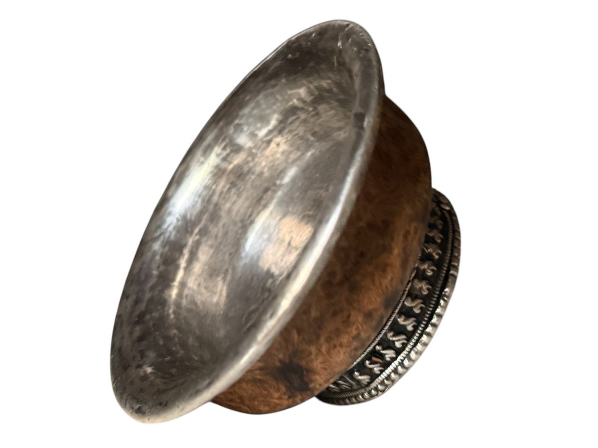Antique Tibetan Burlwood Silver Mounted Offering Bowl Himalayan Cup