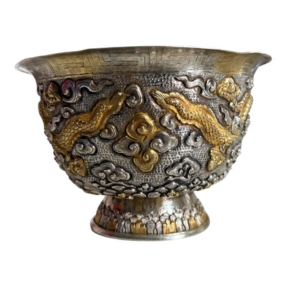Antique silver and gilded silver carved dragon bowl