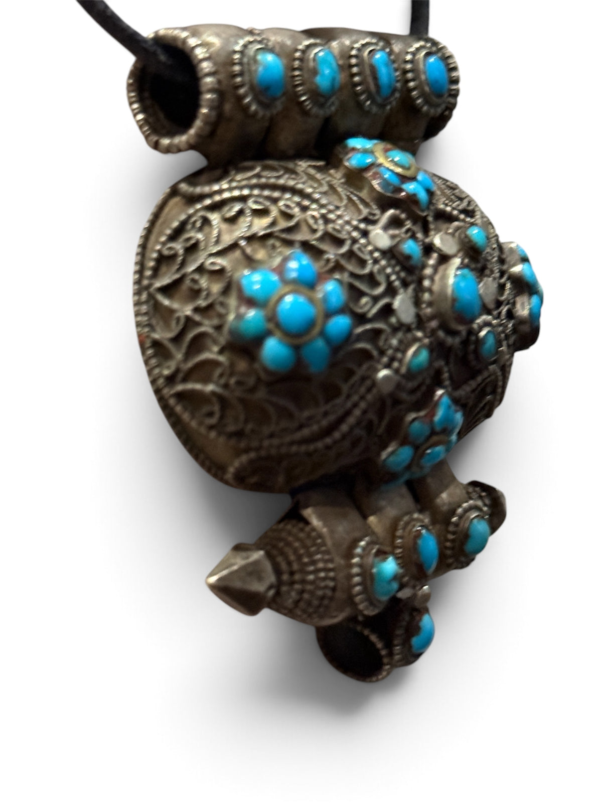 Antique Tibetan Silver Ghau Pendant with Turquoise Stones