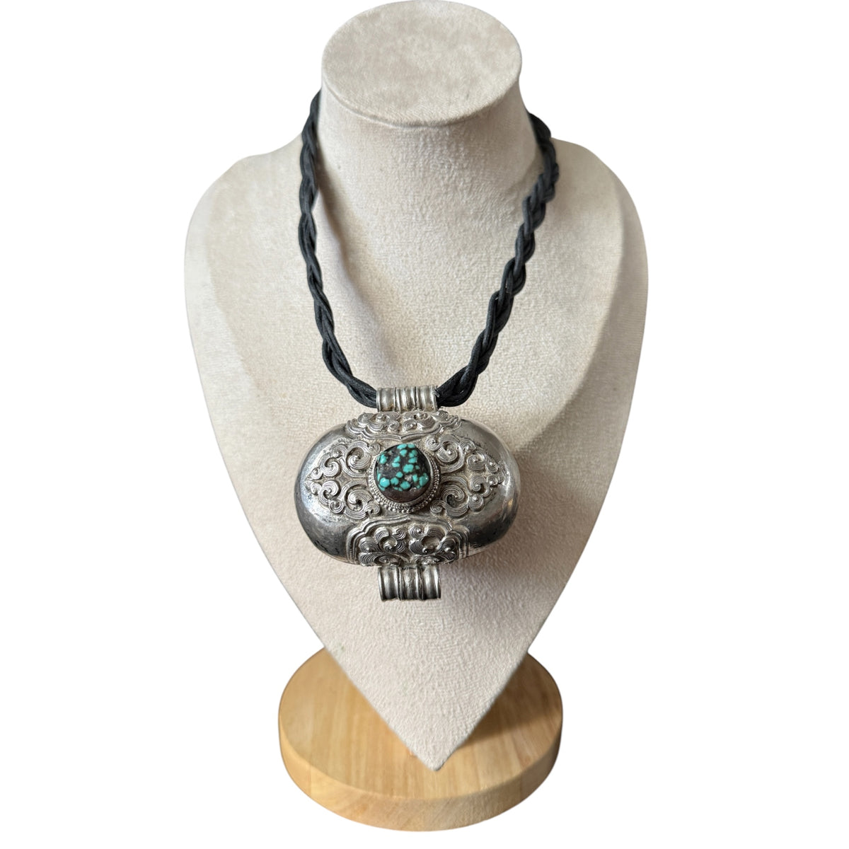 Antique Tibetan Silver Ghau Pendant with Turquoise Cabochon and Brass/Copper Back Cover