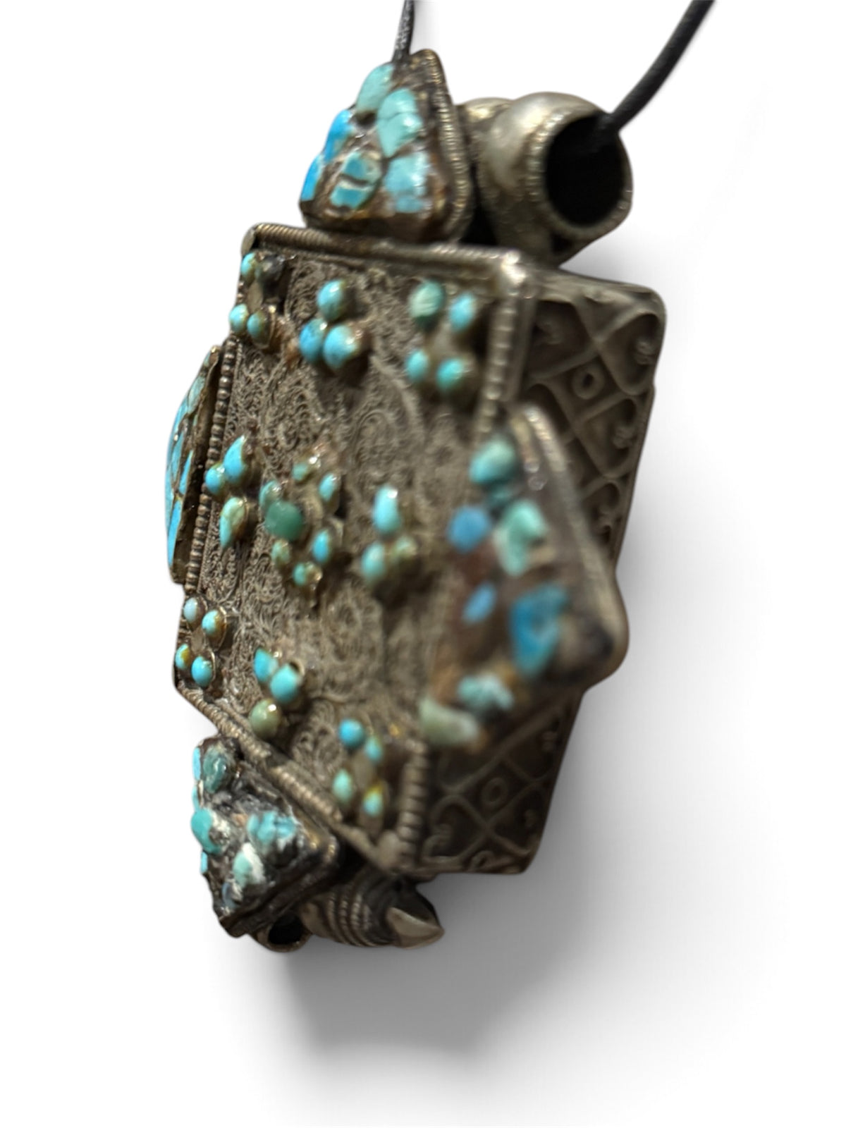 Large Antique Tibetan Silver Women's Ghau Pendant with Turquoise Decoration