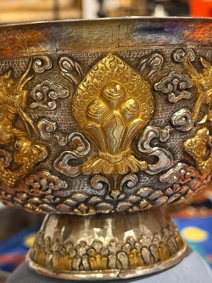 Antique silver and gilded silver carved dragon bowl