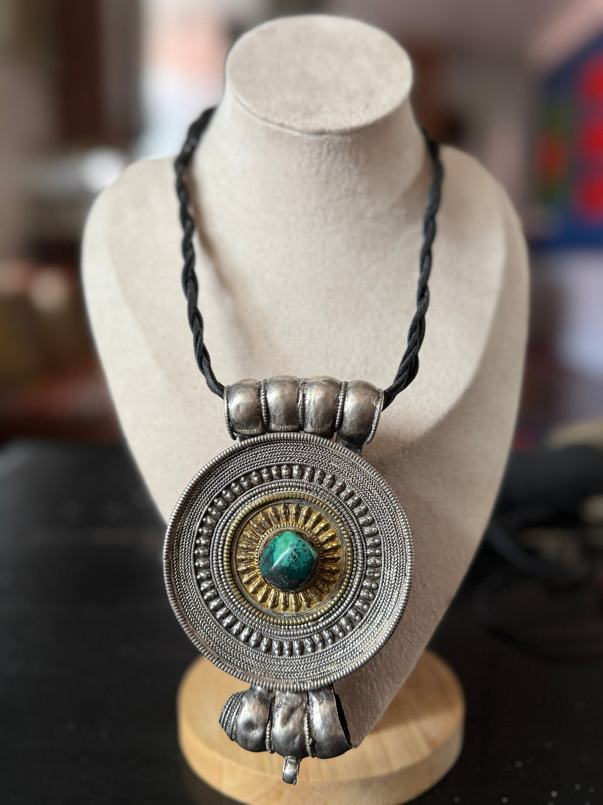 Large Antique Tibetan Silver Circular Ghau Pendant with Gilded Center and Turquoise Cabochon