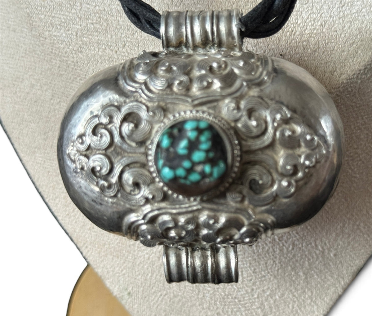 Antique Tibetan Silver Ghau Pendant with Turquoise Cabochon and Brass/Copper Back Cover