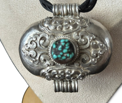 Antique Tibetan Silver Ghau Pendant with Turquoise Cabochon and Brass/Copper Back Cover