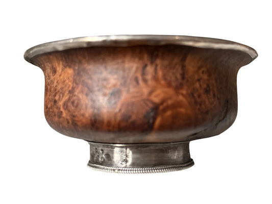 Antique Tibetan burlwood and Silver Mounted Bowl Himalayan Pedestal Cup