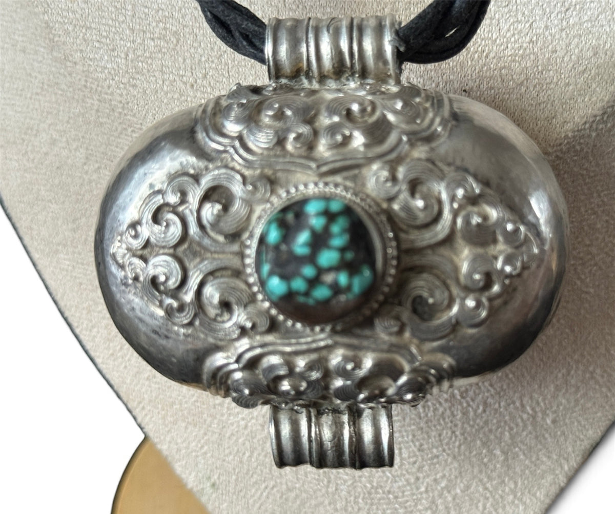 Antique Tibetan Silver Ghau Pendant with Turquoise Cabochon and Brass/Copper Back Cover