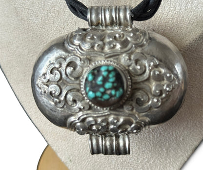Antique Tibetan Silver Ghau Pendant with Turquoise Cabochon and Brass/Copper Back Cover