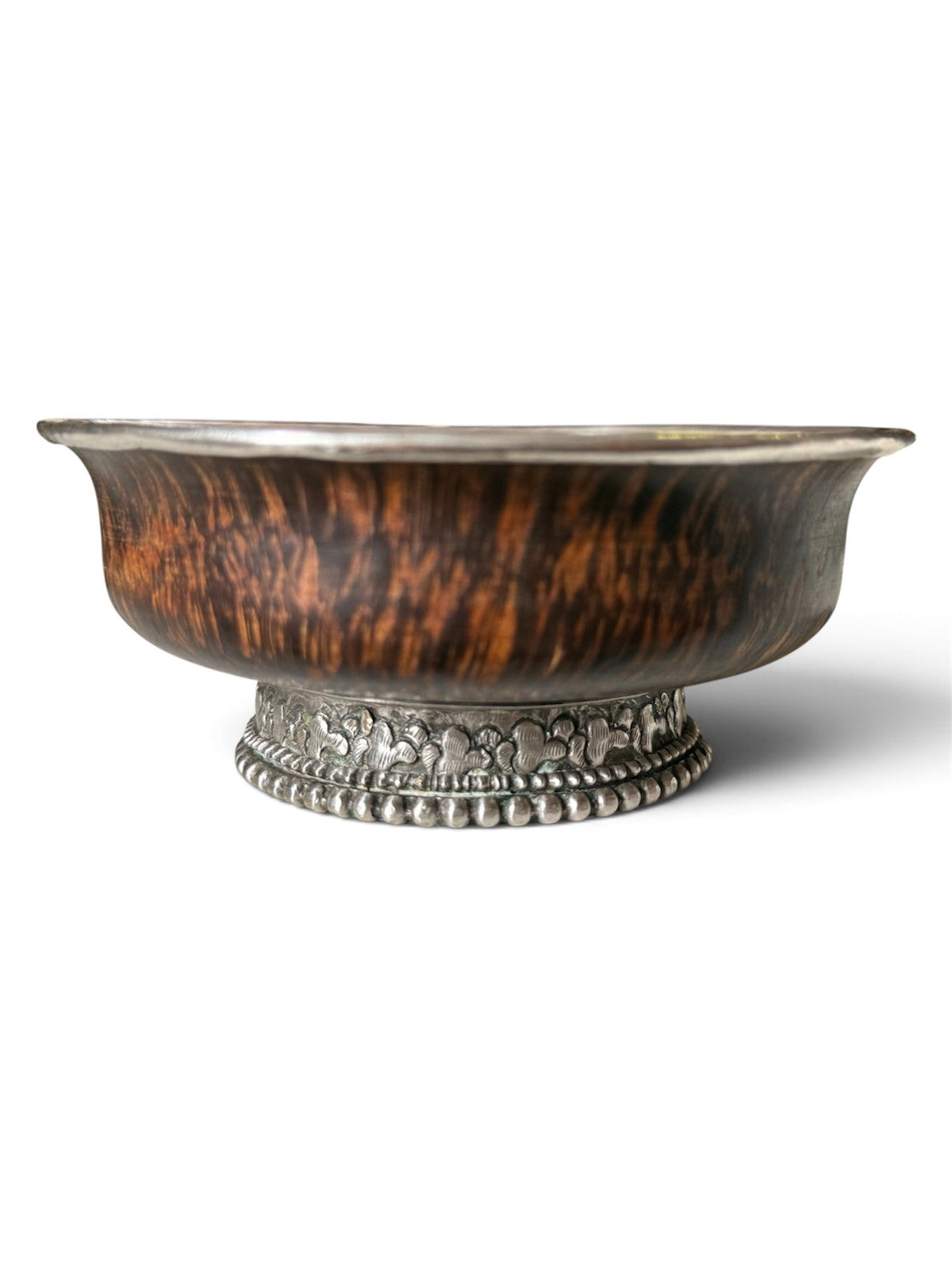 Antique Tibetan Burlwood Silver Mounted Bowl Himalayan Pedestal Cup 4 7/8"