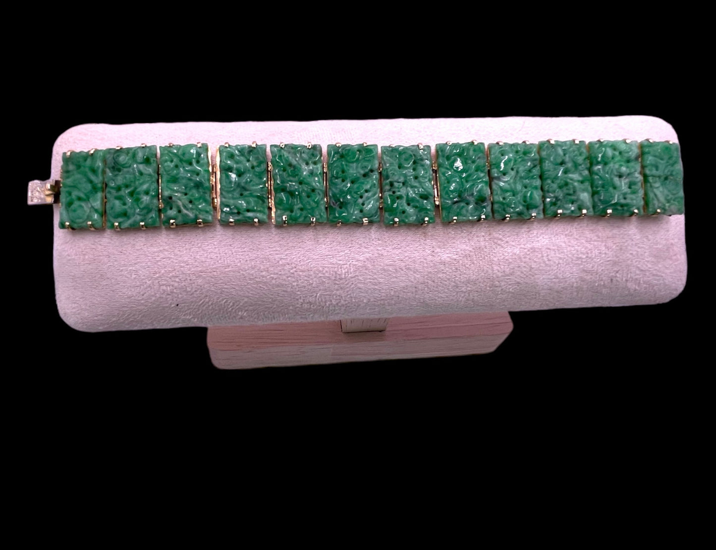 vintage bracelet with jade plaques in a 14kt setting hallmarked  Gumps
