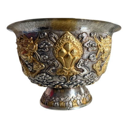 Antique silver and gilded silver carved dragon bowl