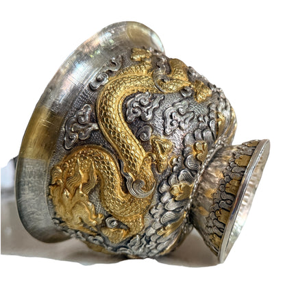 Antique silver and gilded silver carved dragon bowl