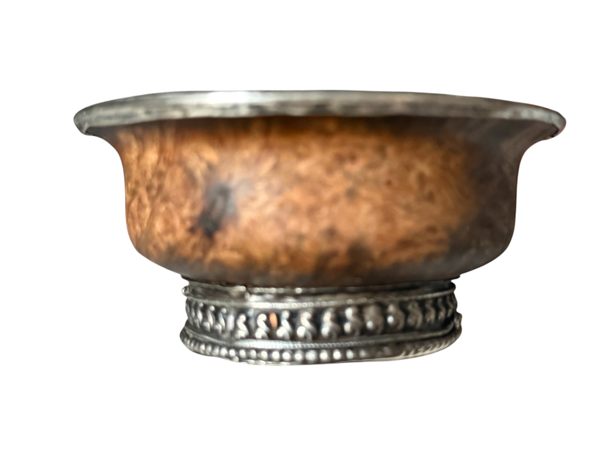 Antique Tibetan Burlwood Silver Mounted Offering Bowl Himalayan Cup