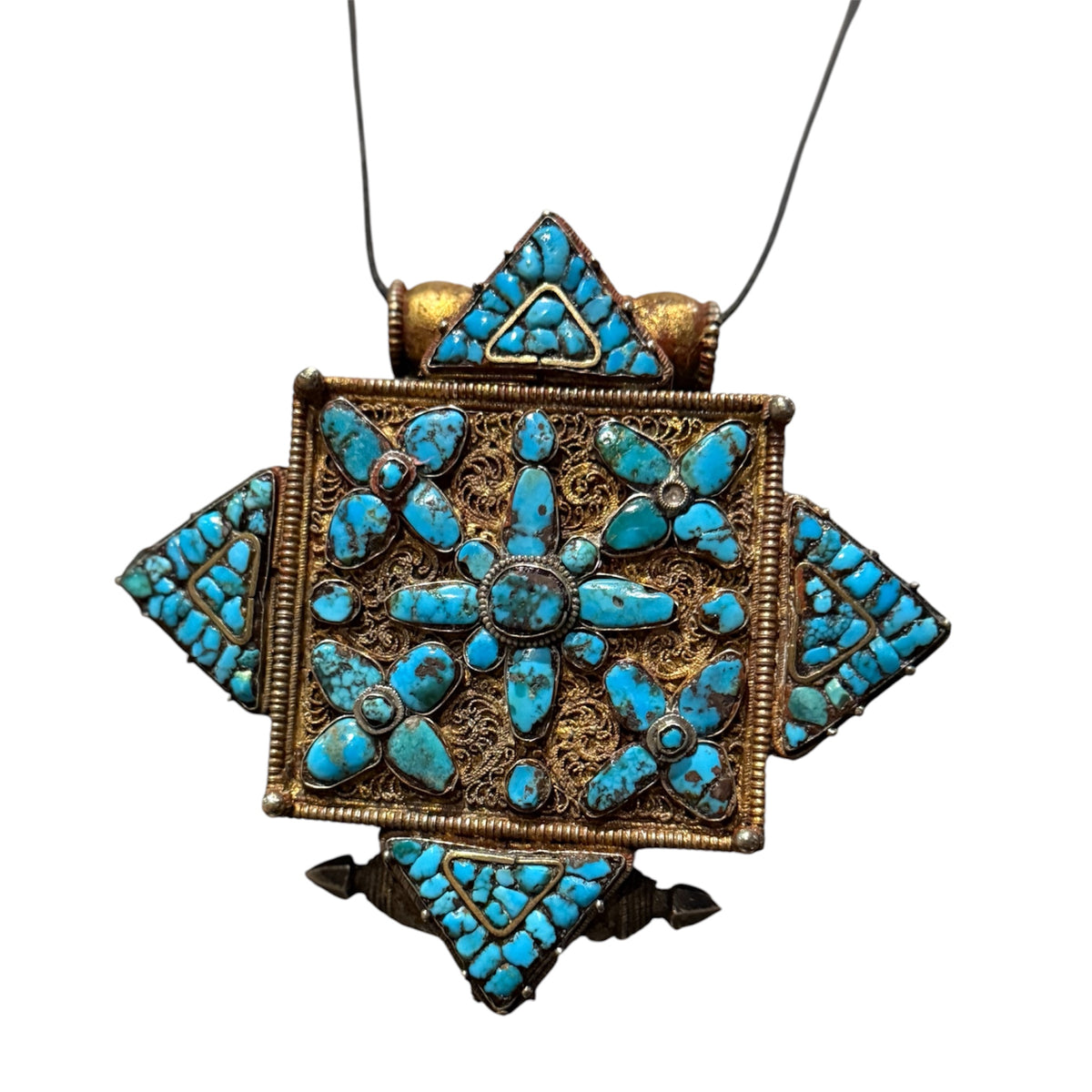 Antique Tibetan Gilded Silver and Turquoise Women's Ghau Pendant