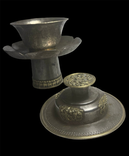 Antique silver Tibetan cup stand with silver cup