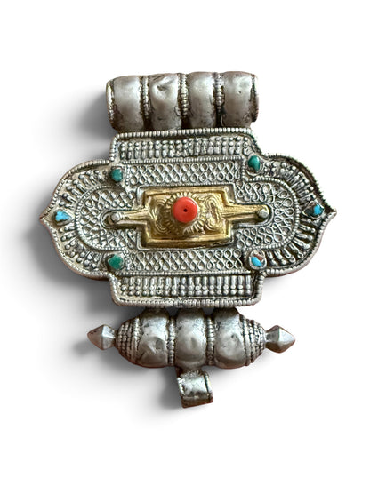 Antique Tibetan Silver Ghau Pendant with Turquoise Stones, Coral Accent, and Brass Back Cover
