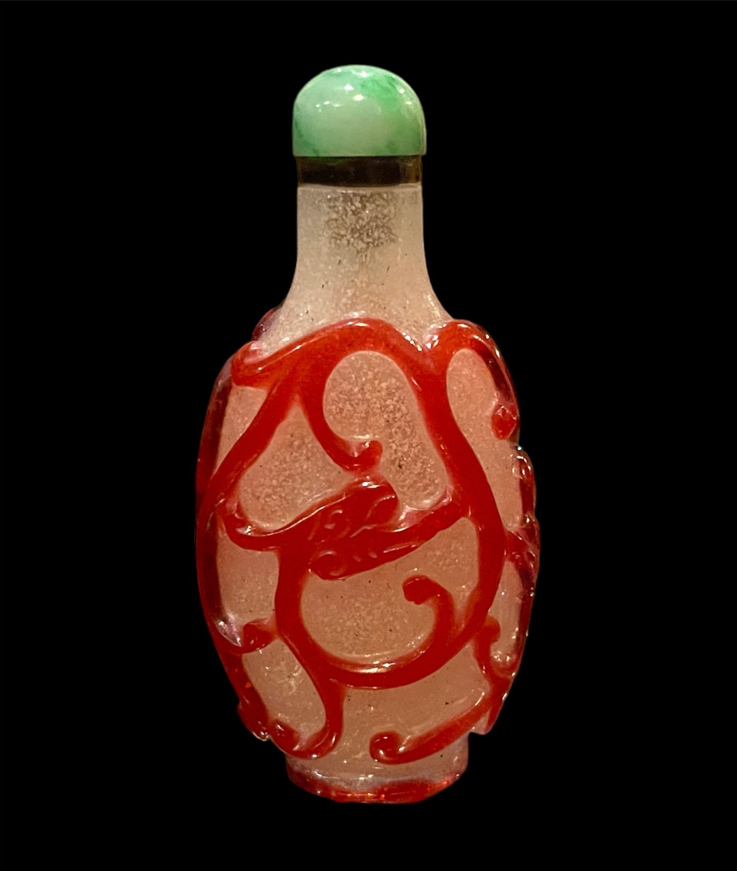Peking glass snuff bottle - with jade cover and  bone scoop