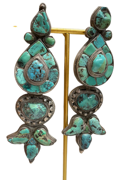 Pair of antique turquoise and silver Tibetan ear pendant / earring