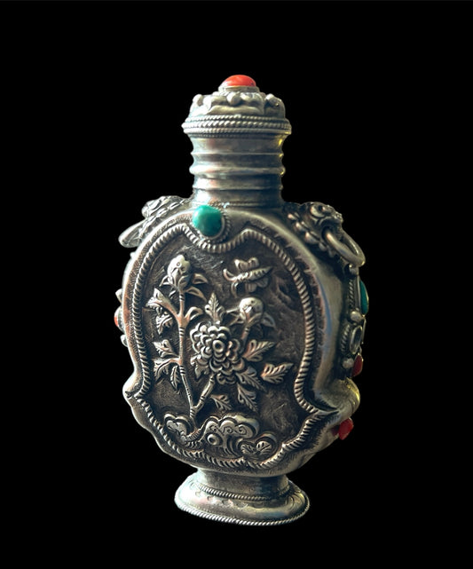Mongolian silver snuff bottle - with coral and turquoise
