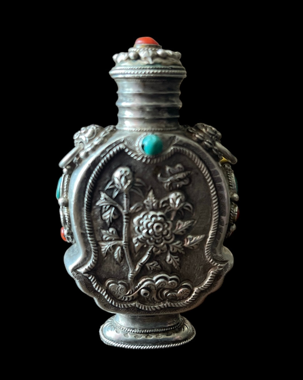 Mongolian silver snuff bottle - with coral and turquoise