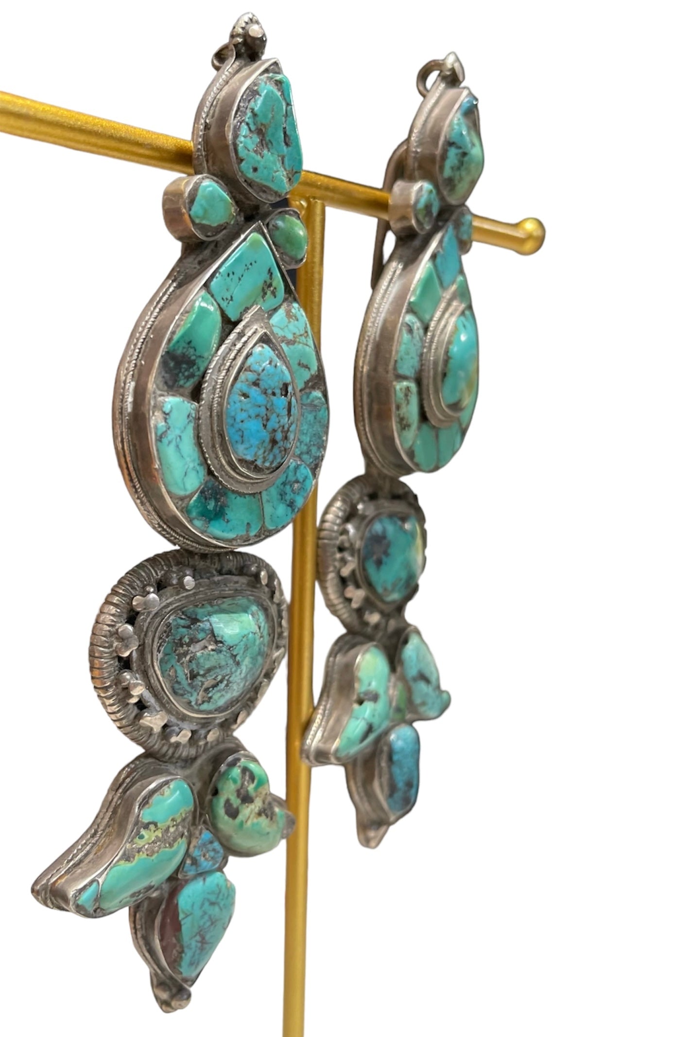 Pair of antique turquoise and silver Tibetan ear pendant / earring