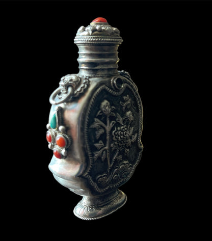 Mongolian silver snuff bottle - with coral and turquoise