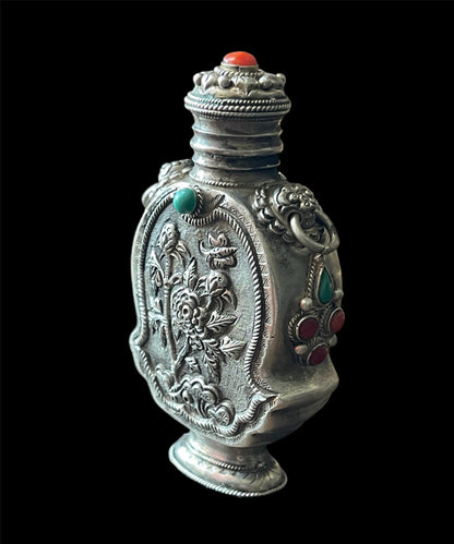 Mongolian silver snuff bottle - with coral and turquoise