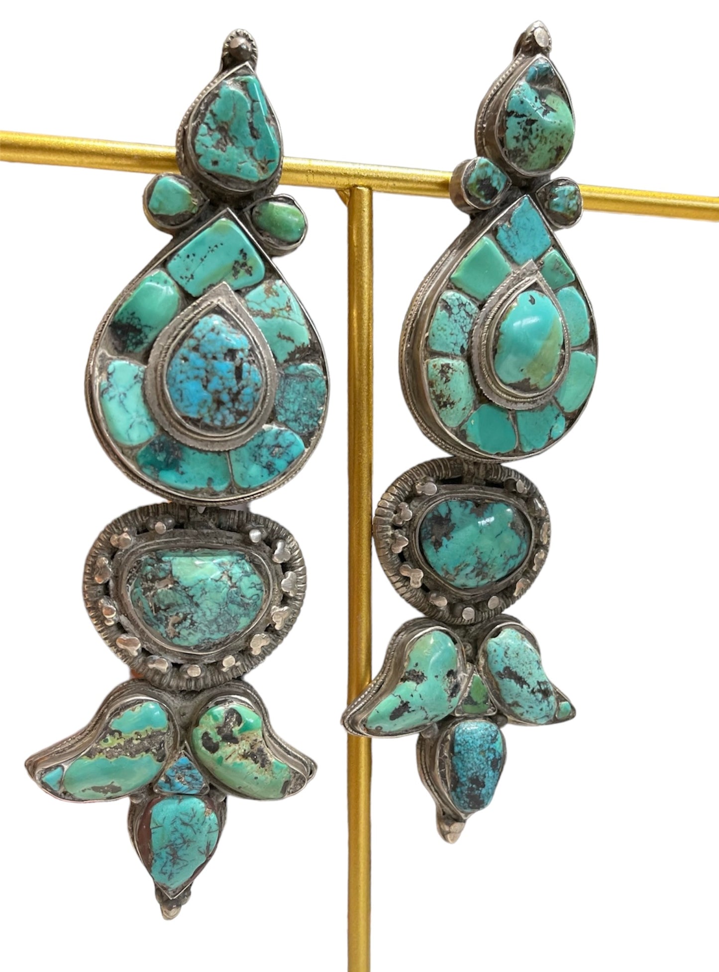 Pair of antique turquoise and silver Tibetan ear pendant / earring