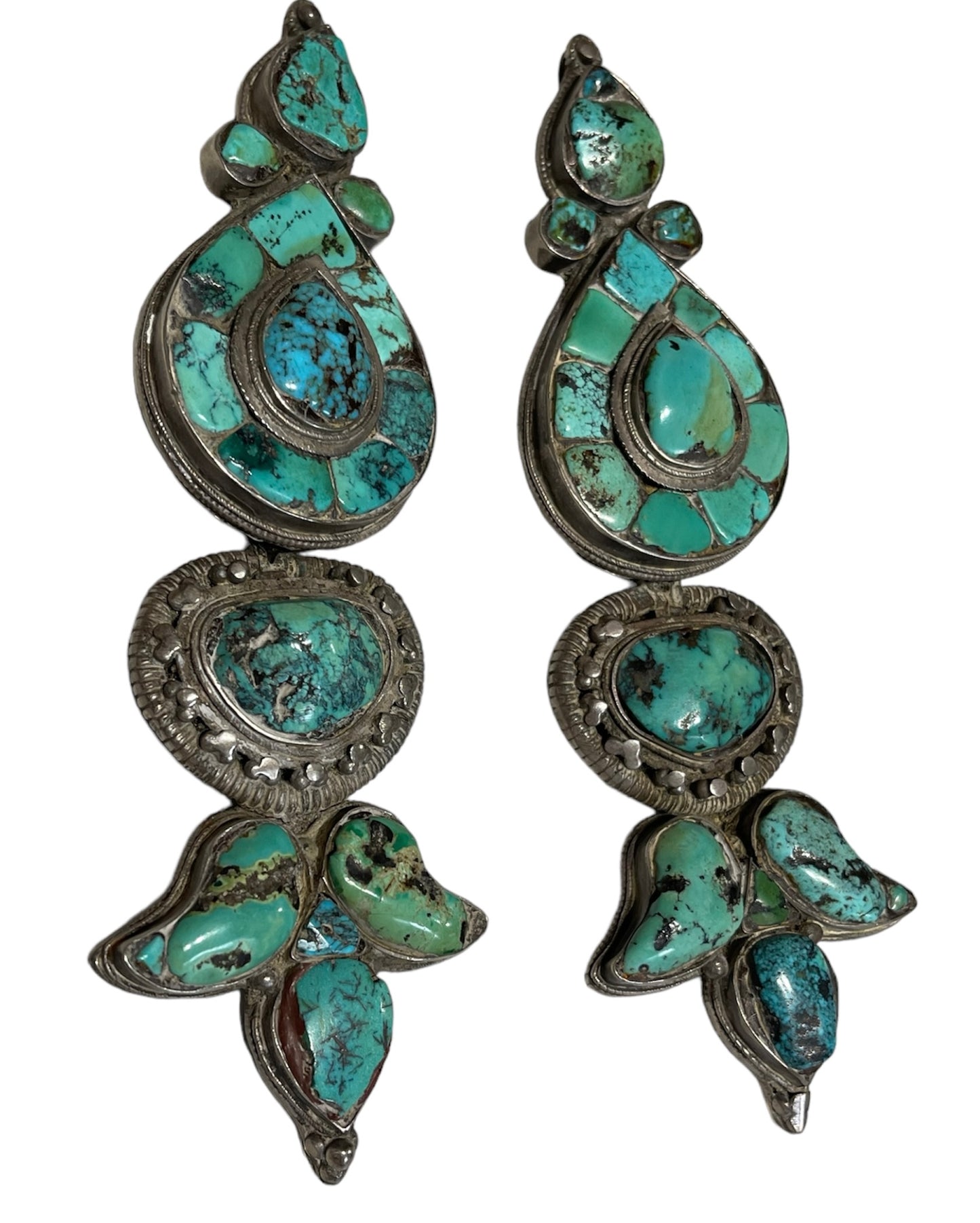 Pair of antique turquoise and silver Tibetan ear pendant / earring