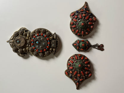 Antique Ottoman silver and gilded silver with coral belt buckle