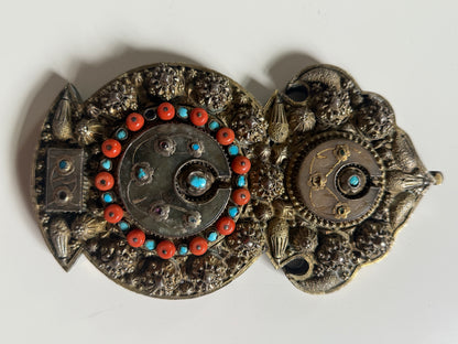 Antique Ottoman silver and gilded silver with coral belt buckle