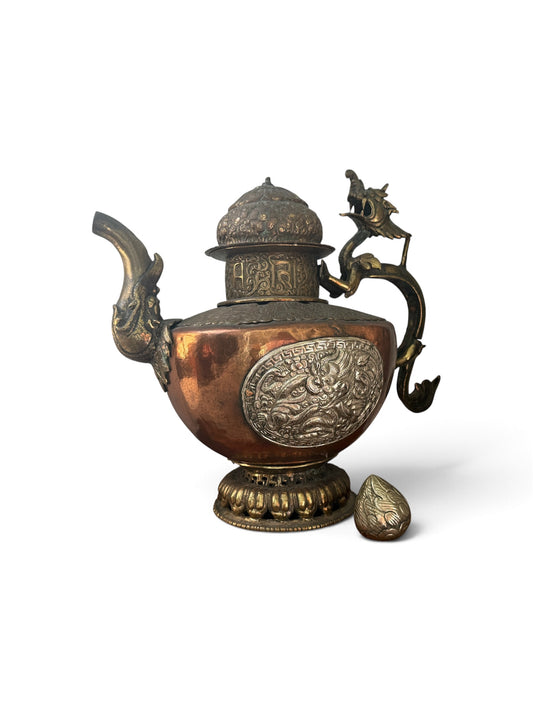 Large Antique Tibetan Copper and White Metal Ritual Dragon Ewer