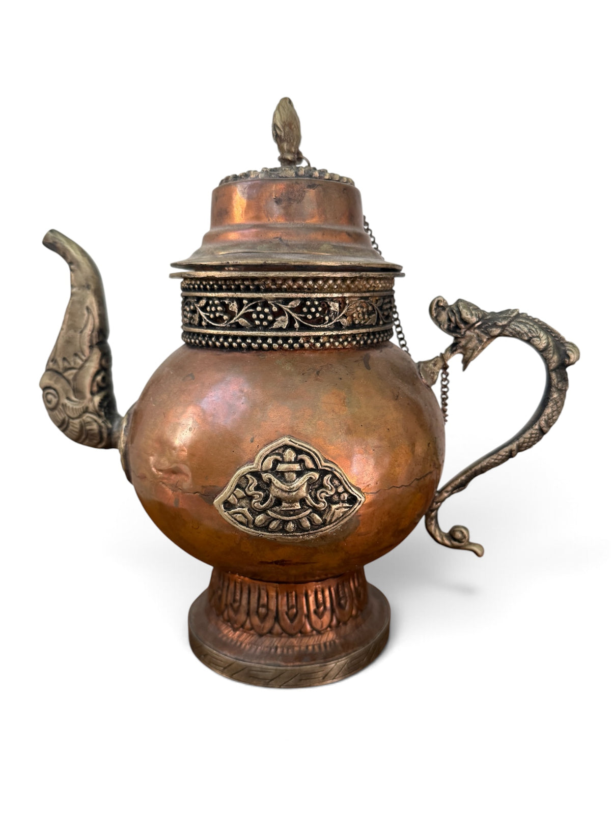 Antique Tibetan Copper Ritual Ewer Dragon Handle Buddhist Tea Vessel 9"