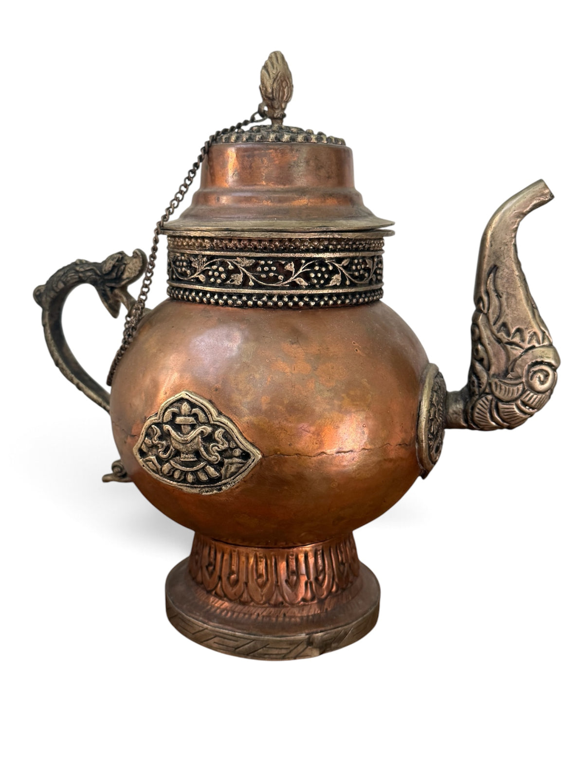 Antique Tibetan Copper Ritual Ewer Dragon Handle Buddhist Tea Vessel 9"