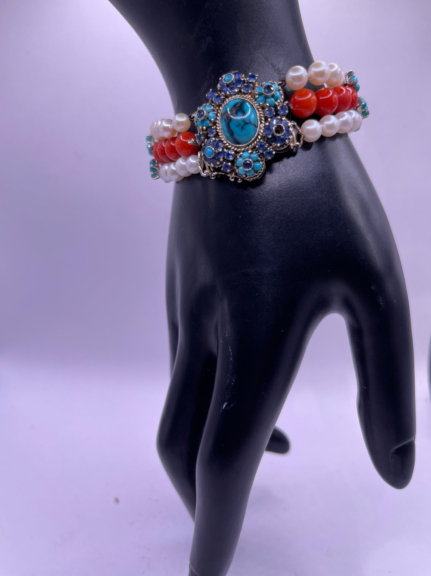 18kt gold, turquoise and sapphire, coral and pearl bracelet