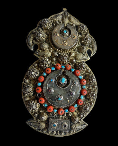 Antique Ottoman silver and gilded silver with coral belt buckle
