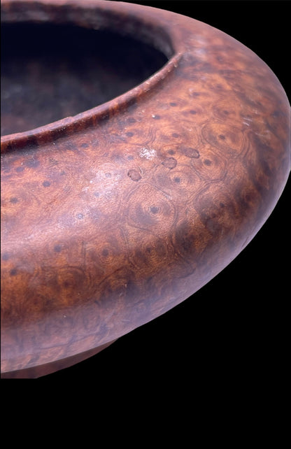 An antique burlwood tsampa container with lid