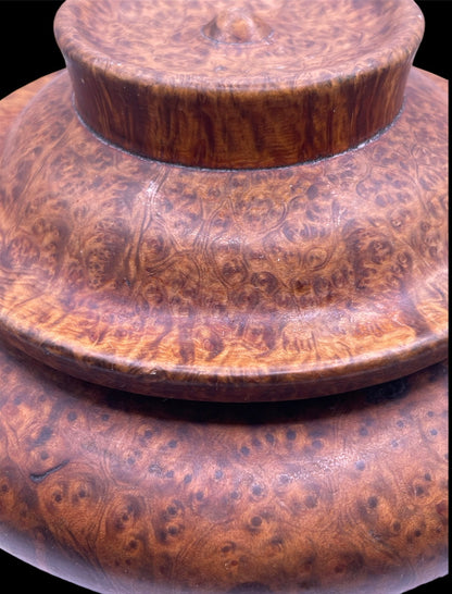 An antique burlwood tsampa container with lid