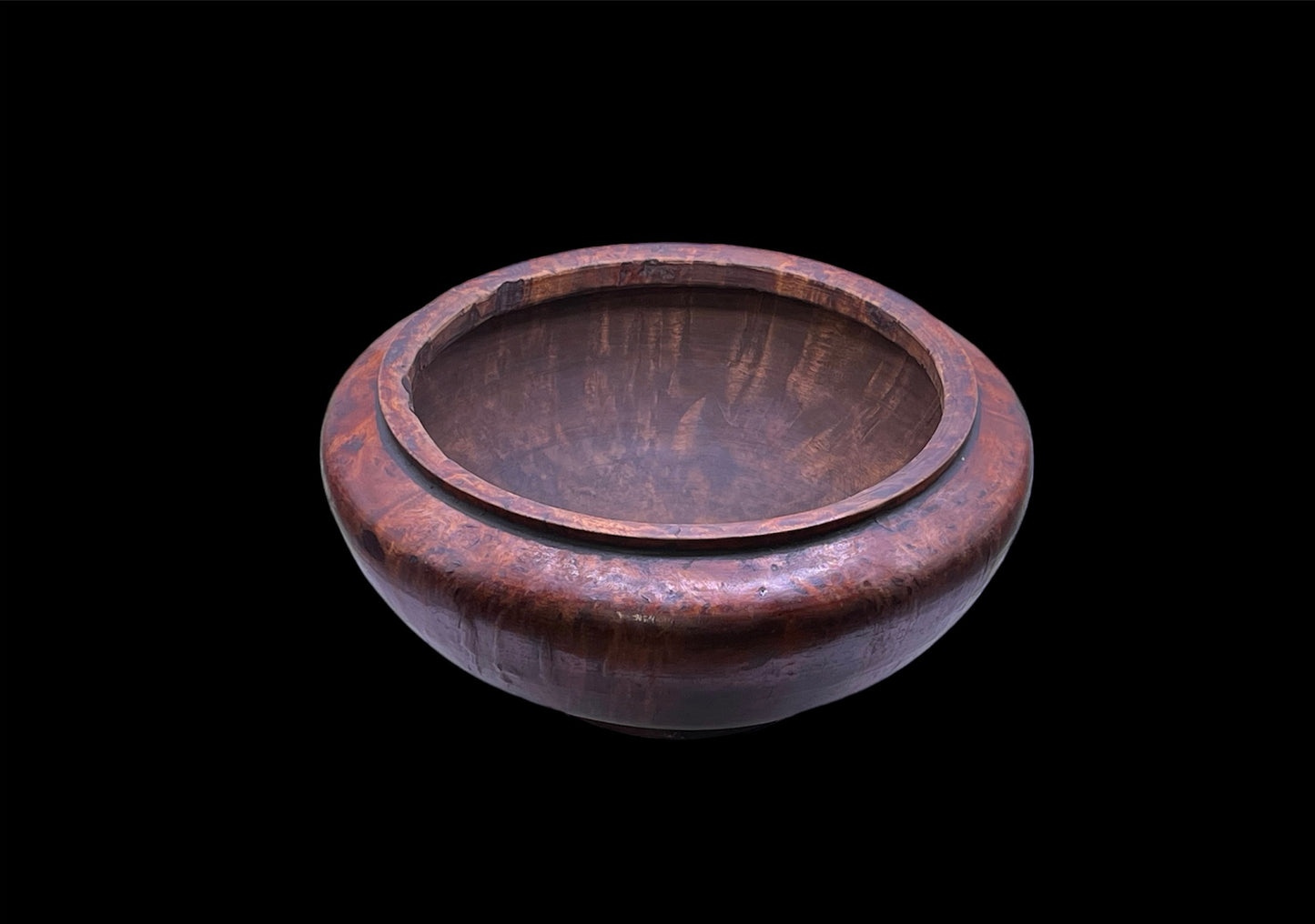 An antique burlwood tsampa container with lid