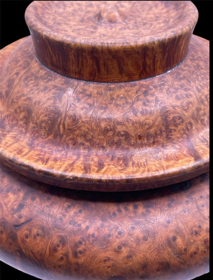 An antique burlwood tsampa container with lid