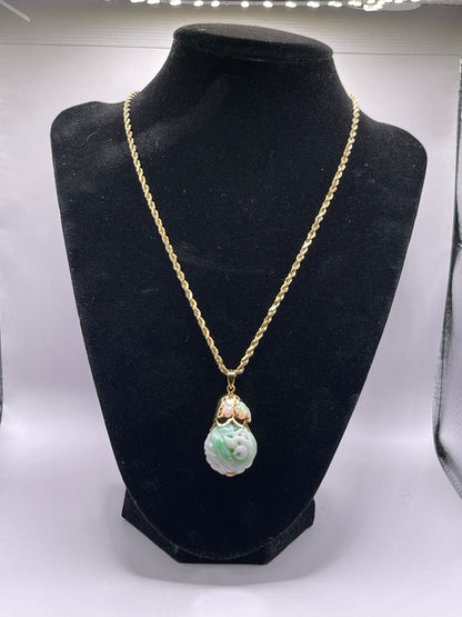 Carved shou jade bead pendant with opals and ruby