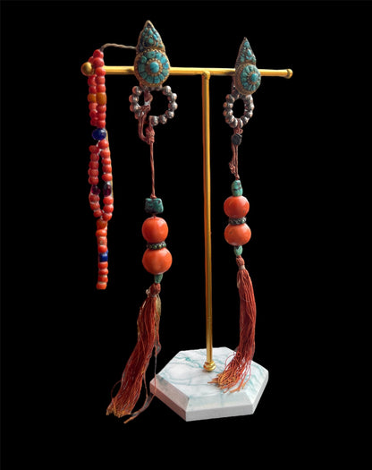 Pair of antique turquoise and silver Tibetan earrings -Ah long