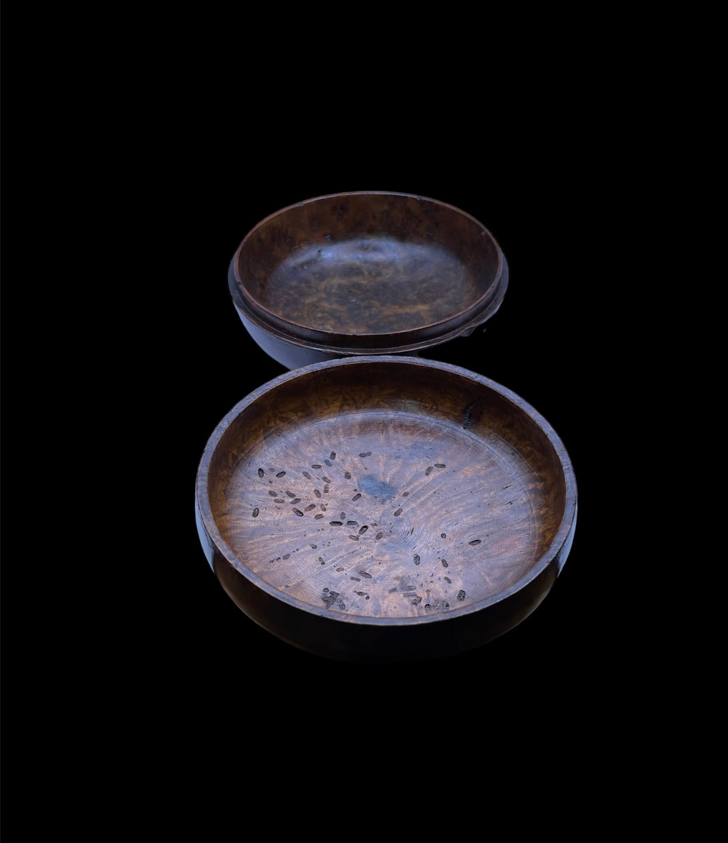 An antique burlwood tsampa bowl with cover