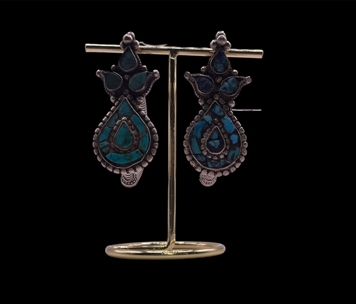 Pair of antique turquoise and silver Tibetan earrings -Ah long
