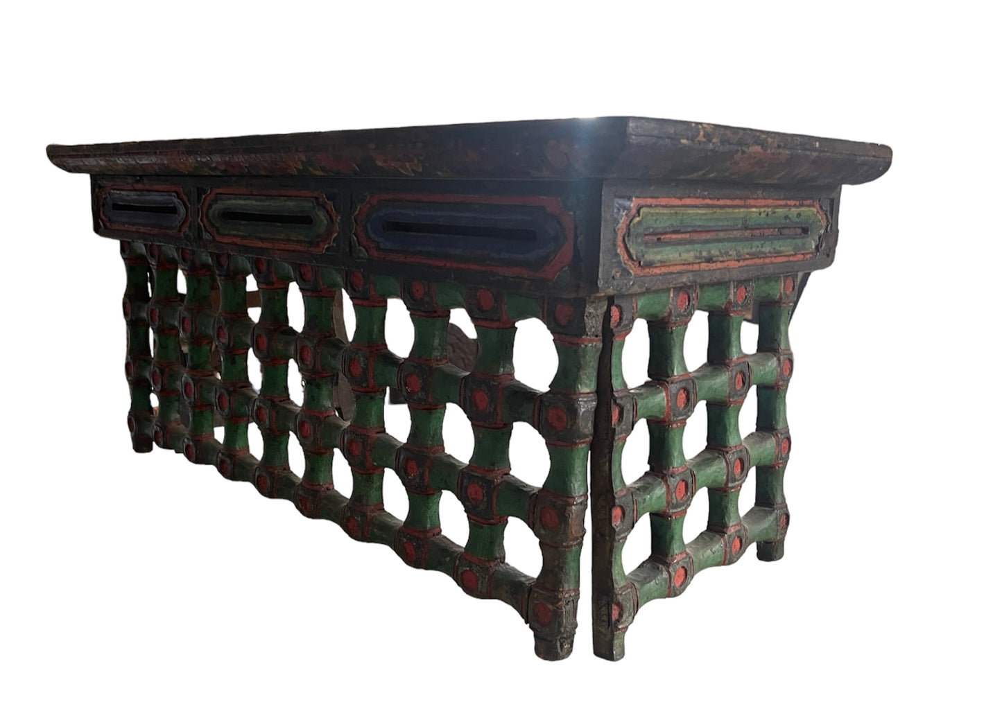 Antique Tibetan scripture reading table with carved latticed Front.