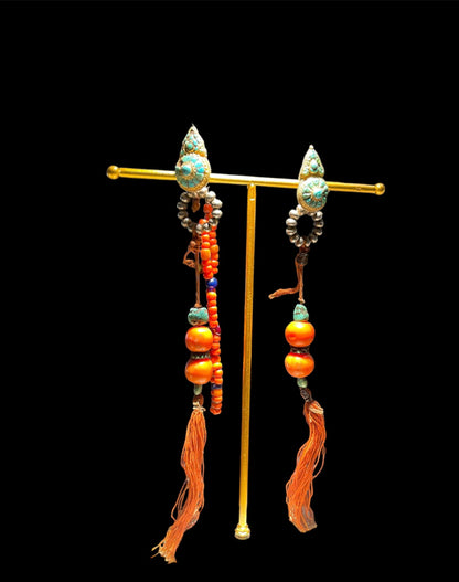 Pair of antique turquoise and silver Tibetan earrings -Ah long
